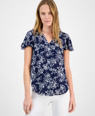 AK Anne Klein - Women's Printed V-Neck Flutter-Sleeve Tunic