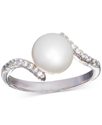 Macy's - Cultured Freshwater Pearl (8mm) & Cubic Zirconia Bypass Swirl Ring in Sterling Silver