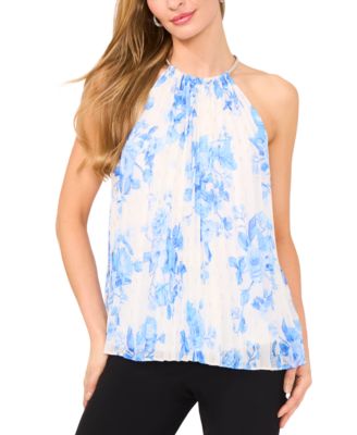 MSK - Women's Floral-Print Pleated-Chiffon Halter Top