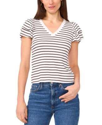 Sam & Jess - Petite Ribbed Flutter-Sleeve Striped Top