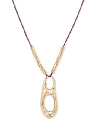 Style & Co - Gold-Tone Hammered Sculptural Leather Pendant Necklace, 32" + 3" extender