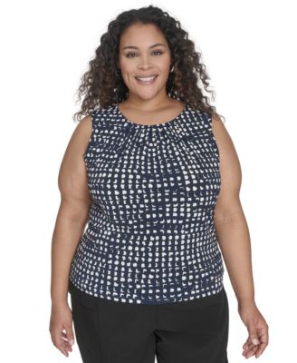 Calvin Klein - Plus Size Printed Pleat Neck Sleeveless Top