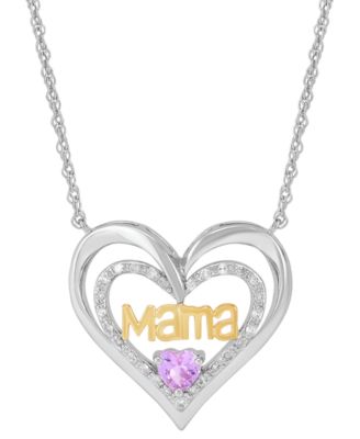 Macy's - Lab-Created Pink Sapphire (1/3 ct. t.w.) & Diamond (1/10 ct. t.w.) Mama Heart Pendant Necklace in Rhodium-Plated & 14k Yellow Gold-Plated Sterling Silver, 16" + 2" extender