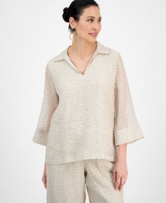 JM Collection - Women's Spread-Collar Crinkle Sequin Top