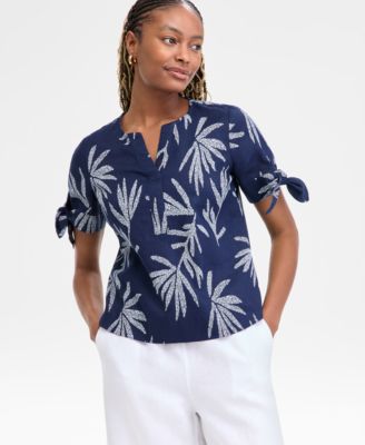 Charter Club - Women's 100% Linen Tied-Sleeve Palm Shirt