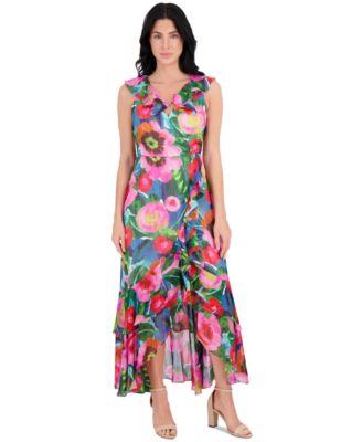 kensie - Women's Printed Chiffon Ruffle-Trim Maxi Dress