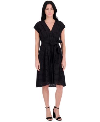 kensie - Women's Embroidered Tie-Waist Midi Dress