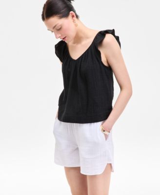 On 34th - Women's Cotton Gauze Flutter-Sleeve Top