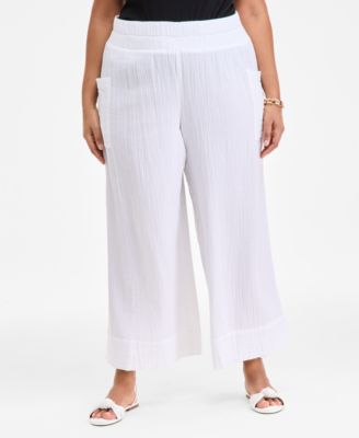 On 34th - Plus Size Cotton Gauze Smocked-Waist Wide-Leg Pants