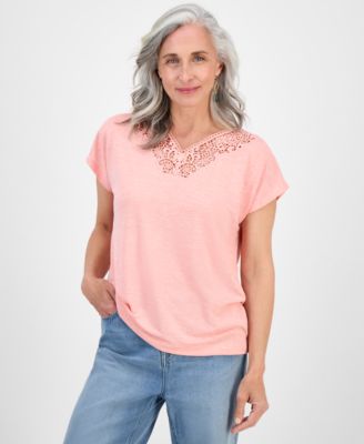 Style & Co - Petite Lace-Trim V-Neck T-Shirt, Exclusively at Macy's