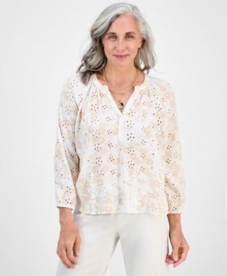 Style & Co - Petite Morning Glories Contrast-Stitched Blouse