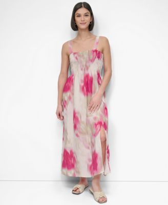 DKNY - Women's Printed Rumpled Voile Smocked Dress
