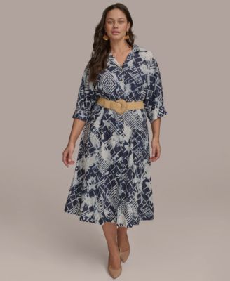 Donna Karan New York - Plus Size Printed Belted 3/4-Sleeve Shirt Dress