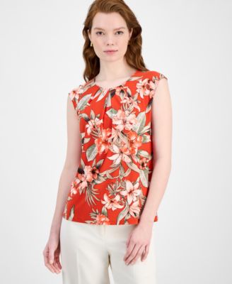 Kasper - Women's Floral Pleated-Neck Cap-Sleeve Top