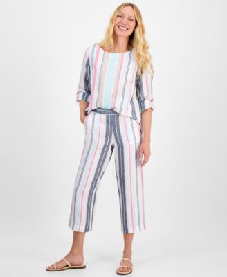 Charter Club - Women's Striped 100% Linen Cropped Pants