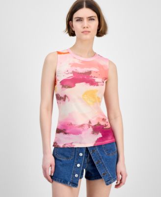 Bar III - Women's Printed Mesh Crewneck Sleeveless Top