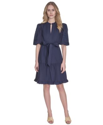 Vince Camuto - Women's Split-Neck Elbow-Sleeve Cotton Dress