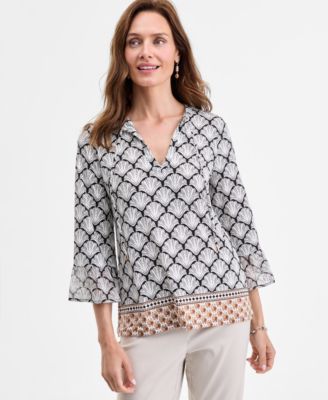 JM Collection - Women's Lindsey Geometric-Print Split-Neck Top, Exclusively at Macy's