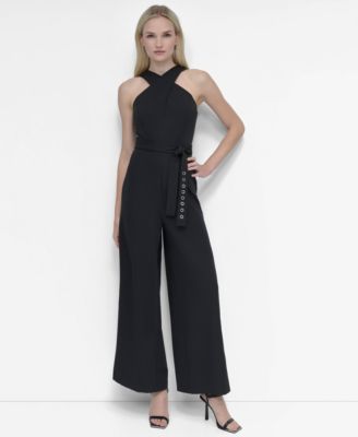 DKNY - Women's Crisscross Halter Belted Wide-Leg Jumpsuit
