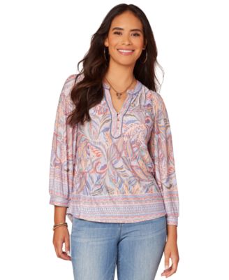 Democracy - Petite Blouson-Sleeve Border-Print Knit Top
