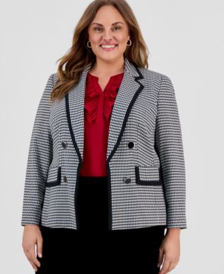 Kasper - Plus Size Open Front Houndstooth Blazer
