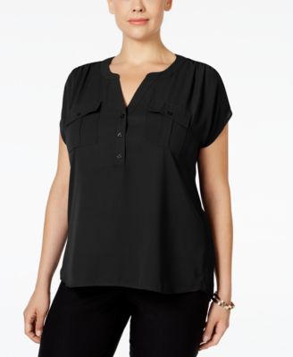 I.N.C. International Concepts - Plus Size Woven-Front V-Neck Top