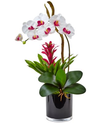 Nearly Natural - Orchid & Bromeliad Artificial Arrangement in Glossy Black Cylinder Vase