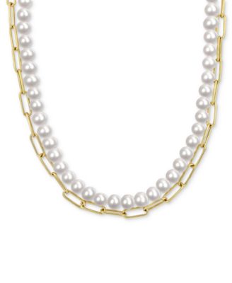 Macy's - Cultured Freshwater Pearl (7-7-1/2mm) & Paperclip Link Layered 18" Statement Necklace in 18k Gold-Plated Sterling Silver