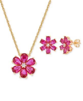 Macy's - Lab-Grown Ruby (5-1/3 ct. t.w.) & White Sapphire (1/8 ct. t.w.) Flower 18" Pendant Necklace in 18k Gold-Plated Sterling Silver
