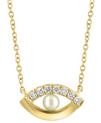 EFFY Collection - Cultured Freshwater Pearl (3mm) & Diamond (1/20 ct. t.w.) Evil Eye 18" Pendant Necklace in 14k Gold