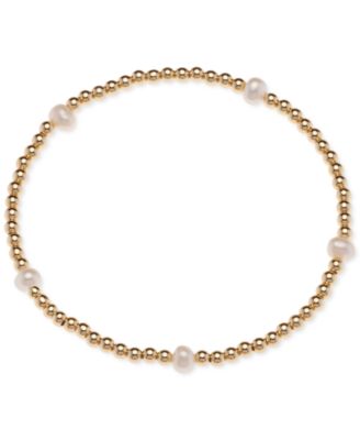 Macy's - Cultured Freshwater Pearl (4-1/2 - 5mm) & Polished Bead Station Stretch Bracelet in 18k Gold-Plated Sterling Silver