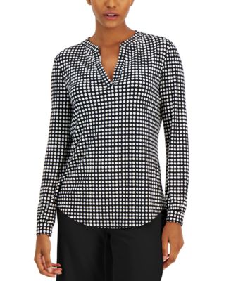 Anne Klein - Petite Dot-Print Split-Neck Long-Sleeve Blouse