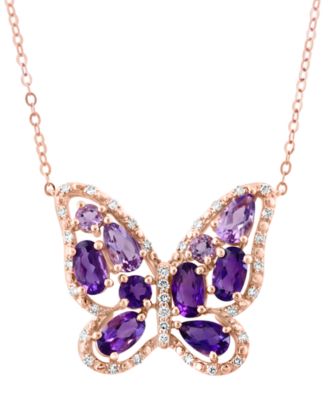 LALI Jewels - Multi-Gemstone (1-3/4 ct. t.w.) & Diamond (1/8 ct. t.w.) Butterfly Pendant Necklace in 14k Gold, 16" + 2" extender