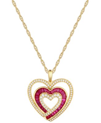 Macy's - Lab-Grown Ruby (1/2 ct. t.w.) & Lab-Grown White Sapphire (3/8 ct. t.w.) Triple Heart 18" Pendant Necklace in 14k Gold-Plated Sterling Silver