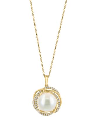 EFFY Collection - Freshwater Pearl (13mm) & Diamond (1/3  ct. t.w.) Spiral Halo 16" Pendant Necklace in 14k Gold