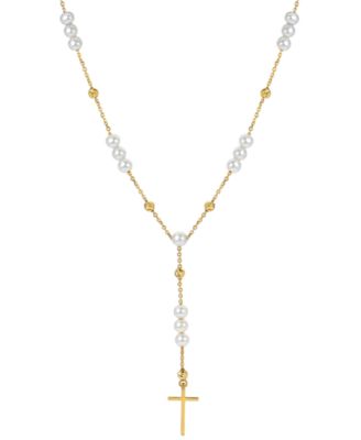 Macy's - Cultured Freshwater Pearl (4 - 4-1/2mm) Cross 19" Lariat Necklace in 14k Gold-Plated Sterling Silver
