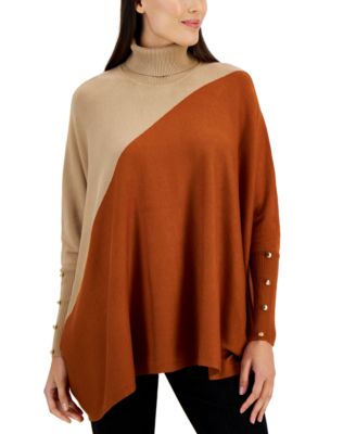 JM Collection - Women's Striped Poncho Turtleneck Sweater