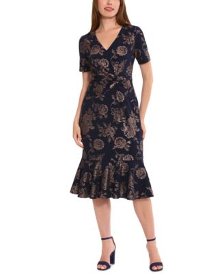 London Times - Petite Twist-Waist Flounce-Hem Midi Dress