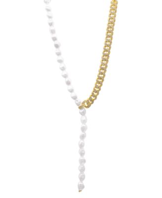 ADORNIA - 14k Gold-Plated Pav&eacute; Chain & Mother-of-Pearl Asymmetrical Lariat Necklace, 15" + 2" extender