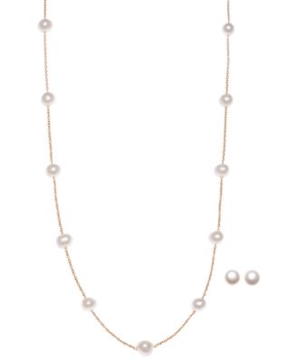 Macy's - 2-Pc. Set Cultured Freshwater Pearl (6-1/2 - 7mm) Collar Necklace & Matching Stud Earrings