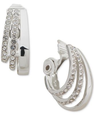 Anne Klein - Silver-Tone Small Pav&eacute; Triple-Row Clip-On Hoop Earrings