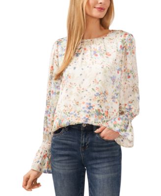 CeCe - Women's Floral-Print Smocked-Cuff Blouse