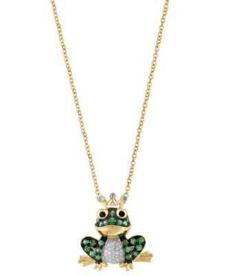 EFFY Collection - Tsavorite (3/8 ct. t.w.), White Diamond (1/10 ct. t.w.) & Black Diamond Accent Frog Prince 18" Pendant Necklace in 14k Gold