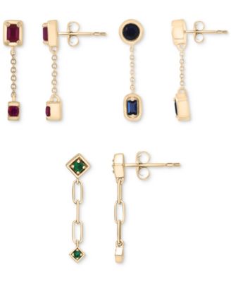 Macy's - 3-Pc. Set Lab-Grown Multi-Gemstone Linear Chain Drop Earrings (1-1/5 ct. t.w.) in 14k Gold-Plated Sterling Silver