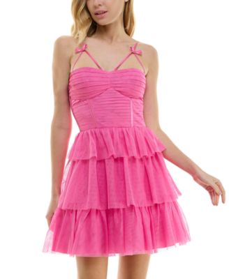 City Studios - Juniors' Straight-Neck Sleeveless Tiered Mesh Dress