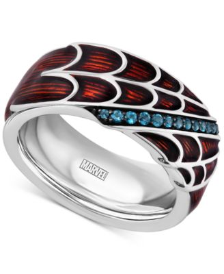 Wonder Fine Jewelry - Men's London Blue Topaz (1/6 ct. t.w.) & Red Enamel Spiderman Web Ring in Sterling Silver
