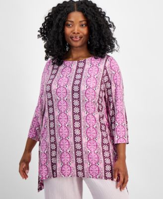 JM Collection - Plus Size Printed 3/4-Sleeve Swing Top