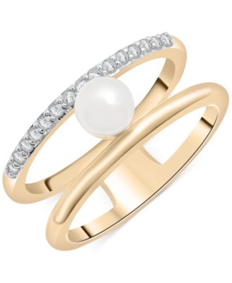 Audrey by Aurate - Cultured Freshwater Pearl (5mm) & Diamond (1/6 ct. t.w.) Openwork Double Row Ring in Gold Vermeil