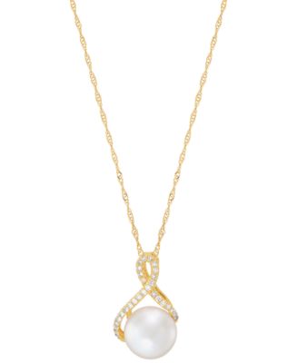 Honora - Cultured Freshwater Pearl (8mm) & Diamond (1/10 ct. t.w.) Ribbon 18" Pendant Necklace in 14k Gold