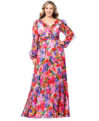 Betsy & Adam - Plus Size Printed Pleated Long-Sleeve Gown